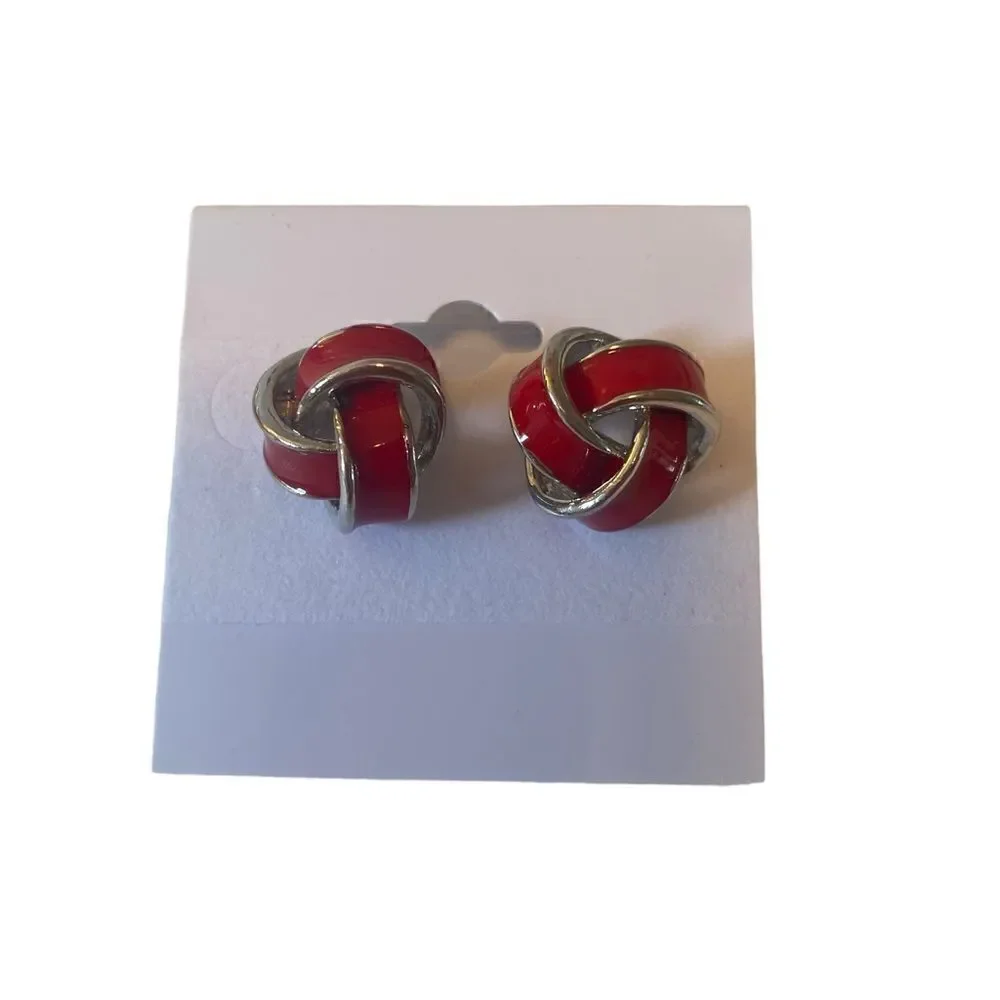 Red & Silver Knot Post Earrings.